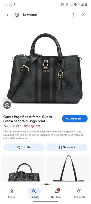 Poșetă tote femei Guess Erenia neagră cu logo print 910POSSHWSO7838060N