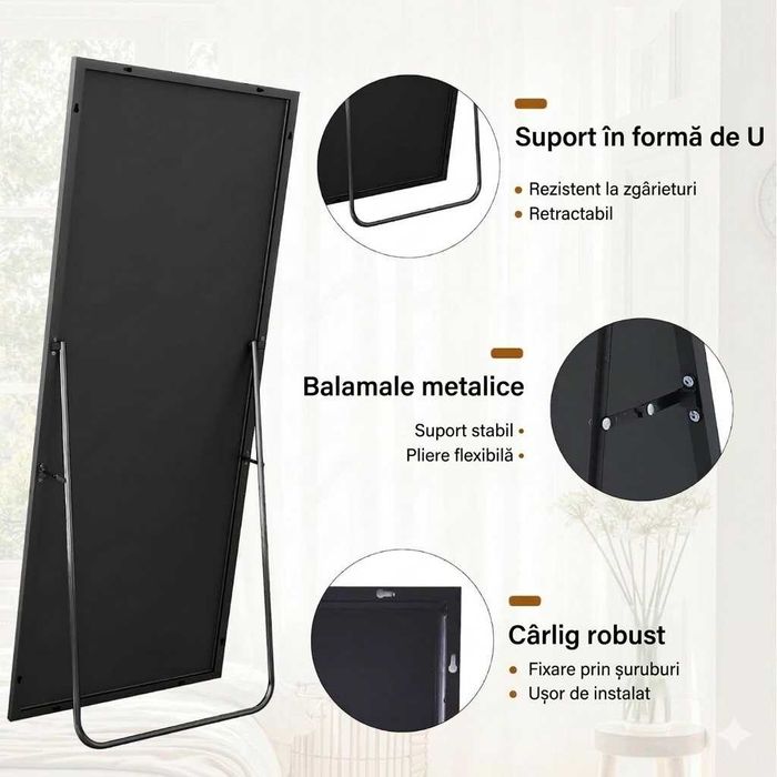 Oglindă Mare 171x76cm, Ramă Aluminiu Neagră, NOUĂ, Tip Stand