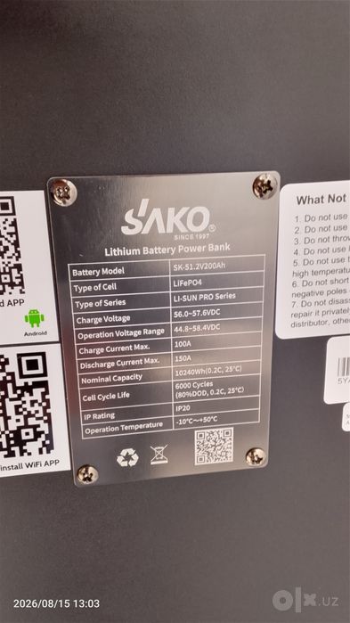 Sako 10kW litiy temir fasfat akumlyatori