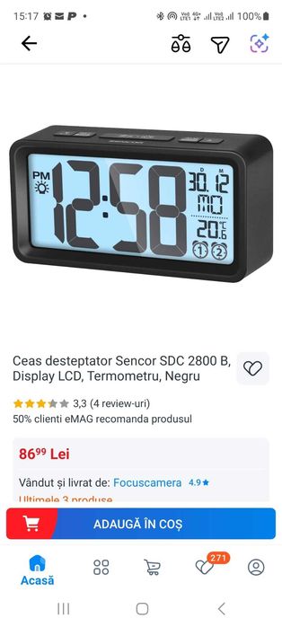 Ceas desteptator Sencor SDC 2800 B, Display LCD, Termometru, Negru