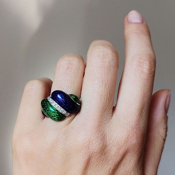 Inel designer Italia 1960, aur 18k cu email si diamante, certif.