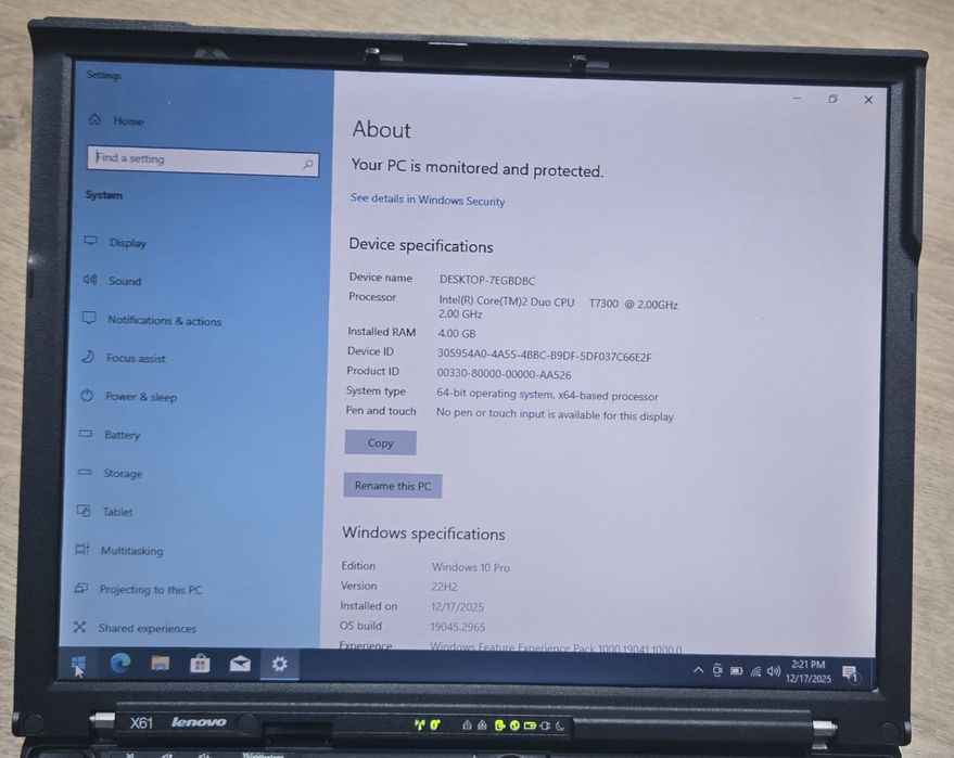 Laptop Lenovo X61 Core 2 Duo T7300 2.0 Ghz 4GB Ram HDD 500 12.1 inch