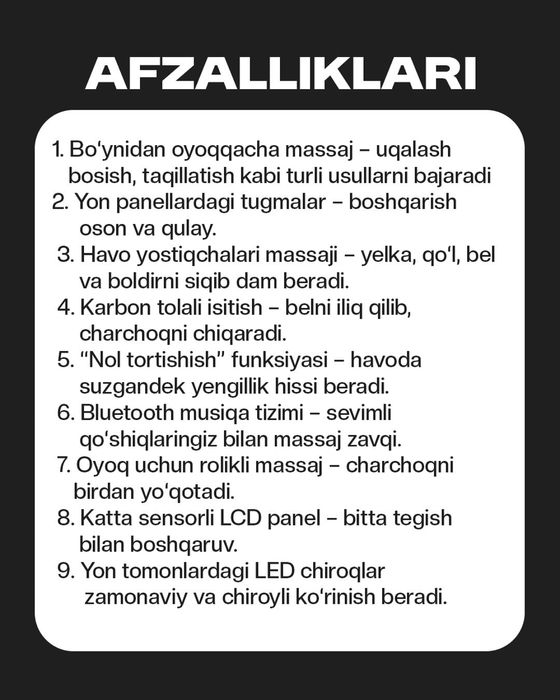 Optom narxlarda kreslo massajyorlar!