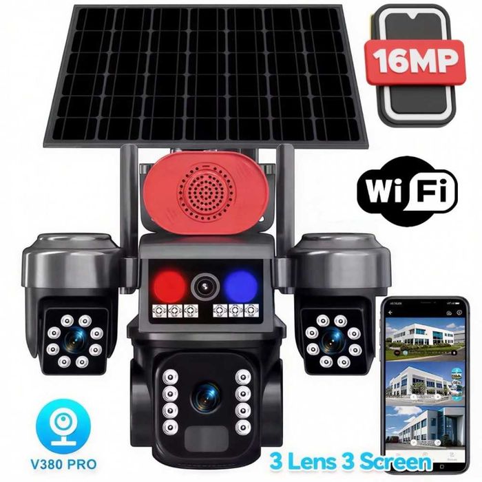 WIFI Тройна соларна камера 16MP с аларма |V380 външна, без ток Sunvision