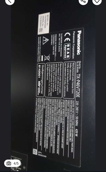 Televizor Plasma Panasonic 3D TX-P46VT20E 116cm