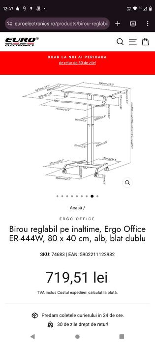 Birou reglabil pe inaltime, Ergo Office ER-444W, 80 x 40 cm, alb, blat