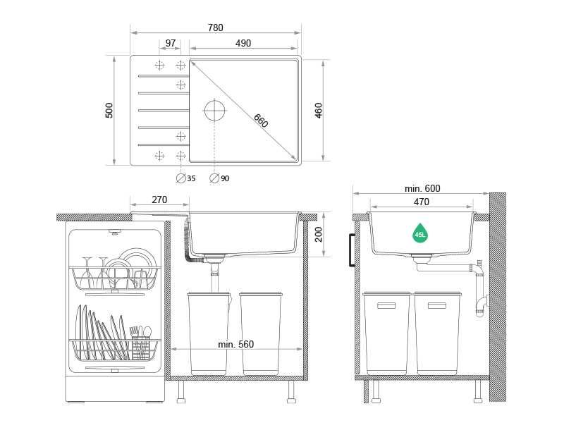 Графит кухненска мивка от гранит Копенхаген 780x500 Top 60
