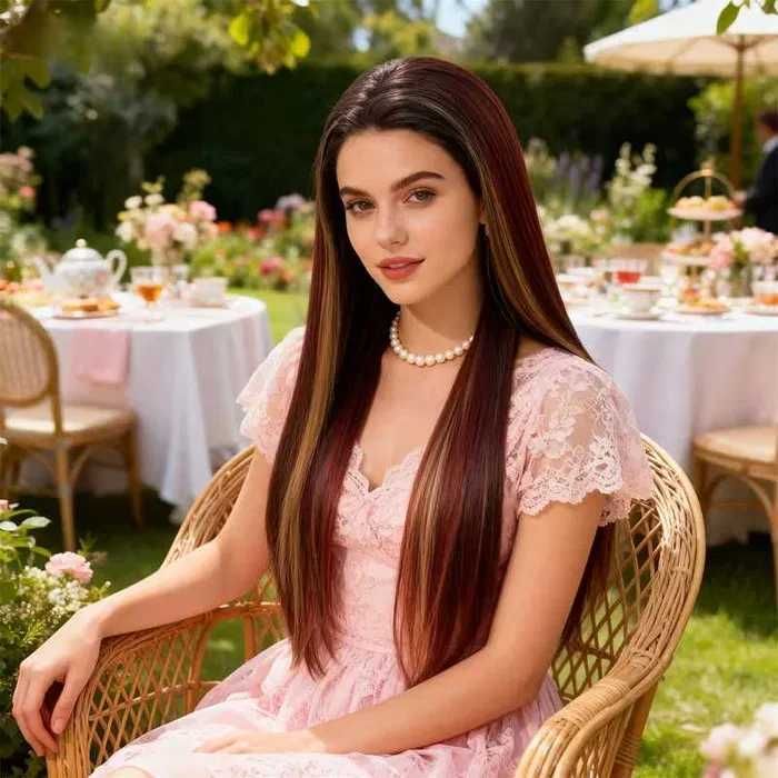 Тъмно червена бордо перука 80 см с LACE 13х4 и руси и кафяви акценти