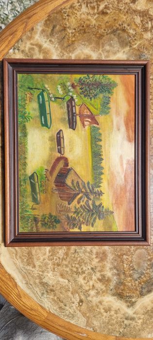 Tablou pictat manual pe pânză, peisaj rustic, ramă lemn, vintage (Austria)