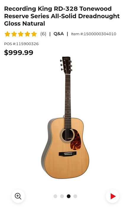 Recording King RD328 Electro Acustica Chitara All-solid Adirondack Rosewood ca Martin HD28