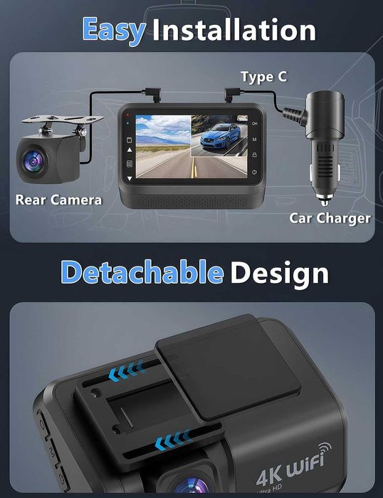 Otovoda Видеорегистратор за автомобили с предна и задна камера, 4K+1080P WiFi двойна видеокамера