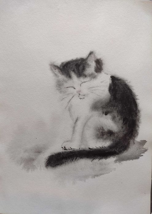 Спящо коте - рисунка акварел