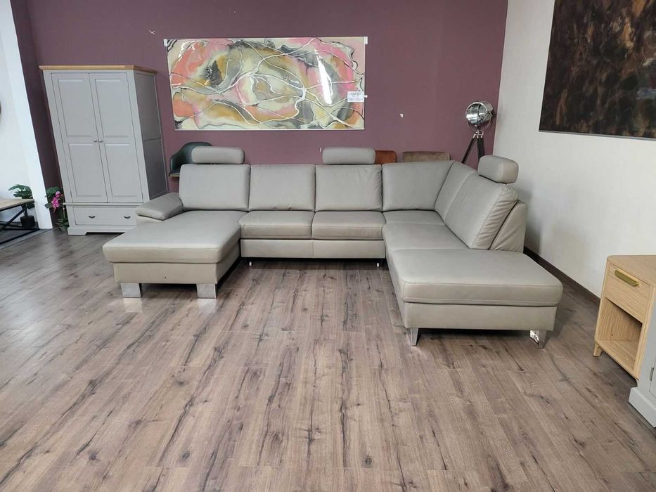 ПРОМОЦИЯ!!!Бежов П-образен ъглов диван от плат Sambia с функция сън