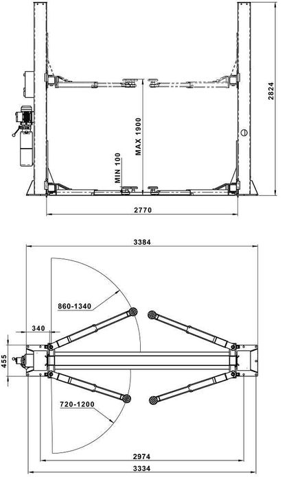 Подемник двуколонен 4t, с автоматично отключване и тристепенни рамена