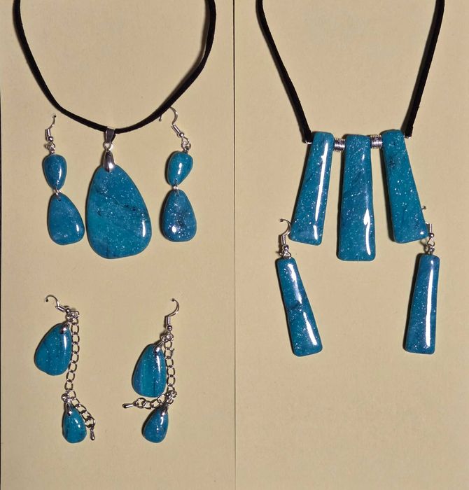 Set pandantiv + cercei handmade — turcoaz/visiniu cu inserții argintii