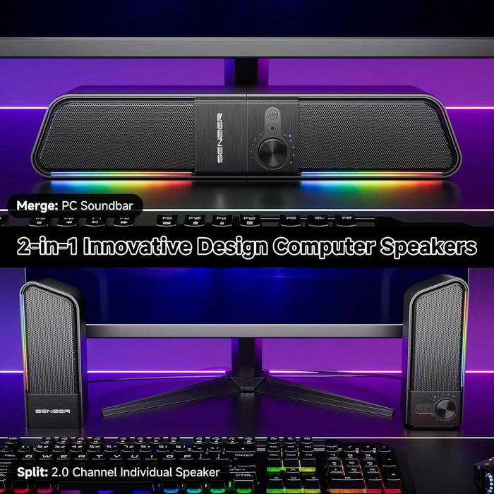 SENZER CS20 2 в 1 Bluetooth компютърни високоговорители за настолен компютър, USB Plug & Play