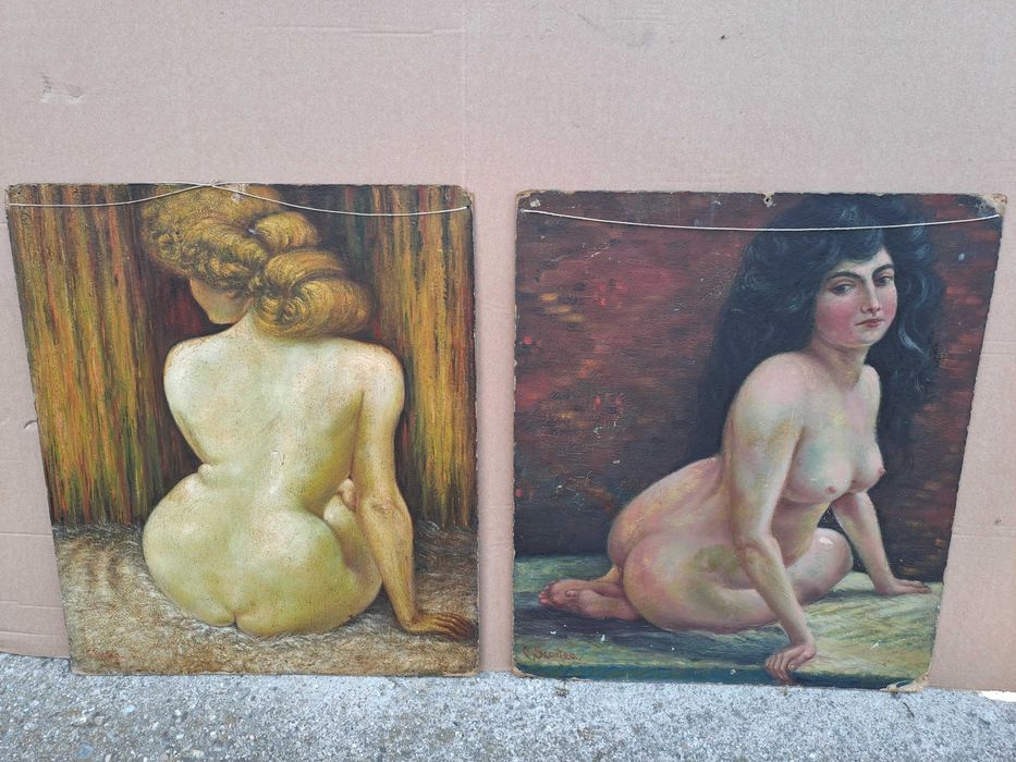 tablou vechi nud pictura pe pfl 46/53 cm semnat C Scortea