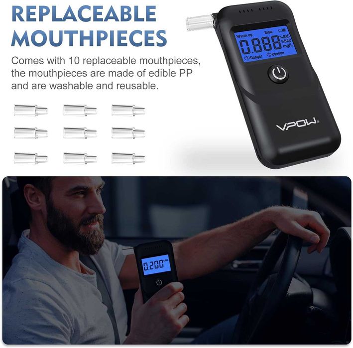 Алкотестер за тестване на алкохол, тестер за алкохол VPOW с цифров син