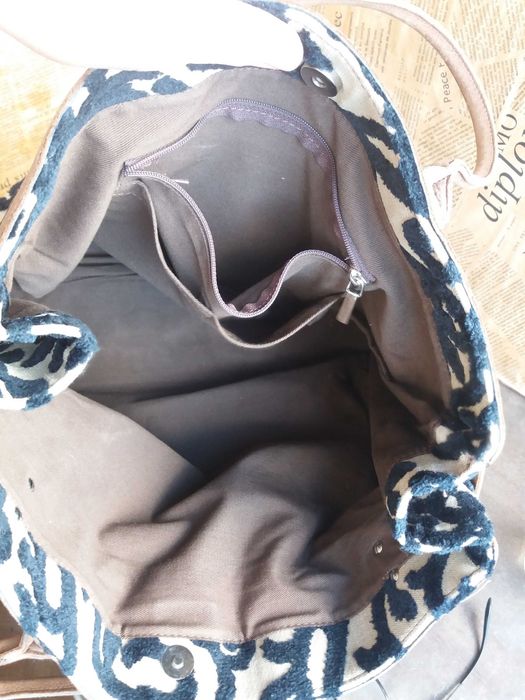 дамска чанта,голяма текстилна чанта с кожени дръжки-естествена кожа