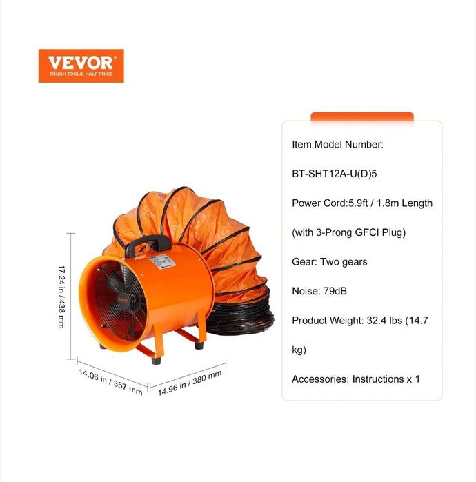 Vevor строителен вентилатор за отвеждане на прах