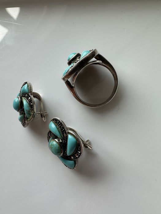 Сережки и кольцо с бирюзой. Серебро. 925 проба