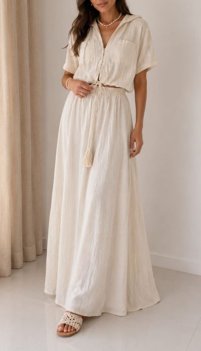 Set Pretty Pastels – cămașă + fustă maxi boho din in & bumbac