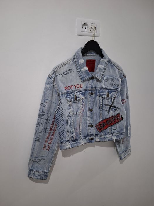 Geaca din denim Pull&Bear cu imprimeu pentru dama, mărimea M, jacheta de blugi din bumbac
