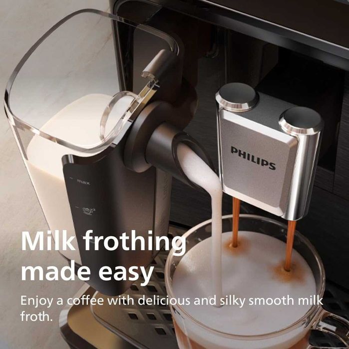 Кафеавтомат Philips 2300 EP2330/10, Автоматична Кафемашина LatteGo 4 Напитки, Тъч Дисплей, Керамична Мелачка, AquaClean, Тиха Работа 15bar
