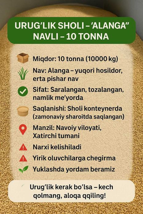 Urug‘lik sholi – “Alanga” navli – 10 tonna