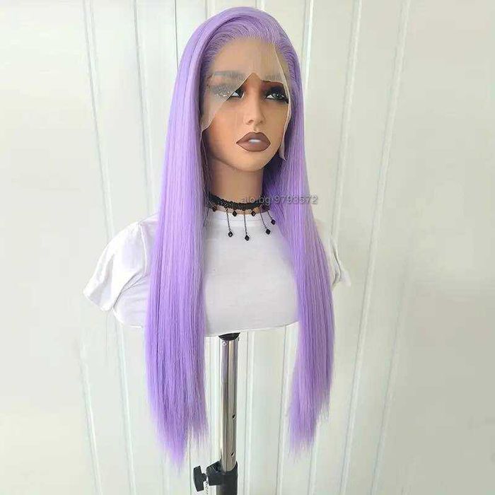 Светло лилава права синтетична перука с дантела  13*4