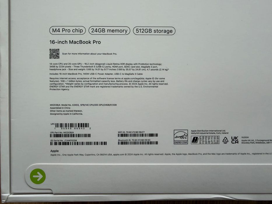 ЧИСТО НОВИ MacBook Pro 16" M4 PRO Chip 14-CPU/20-GPU/24GB RAM/512 SSD