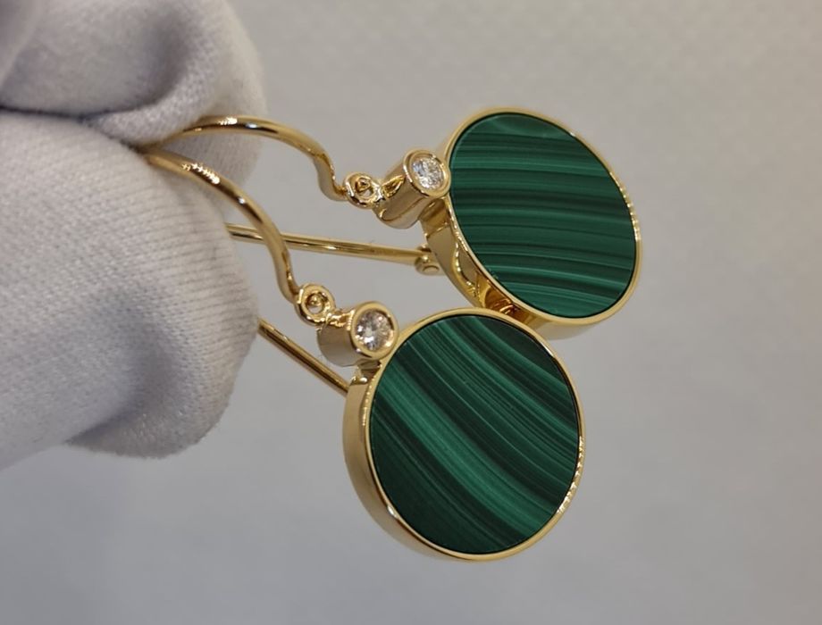 Cercei aur 14k diamante malachit natural