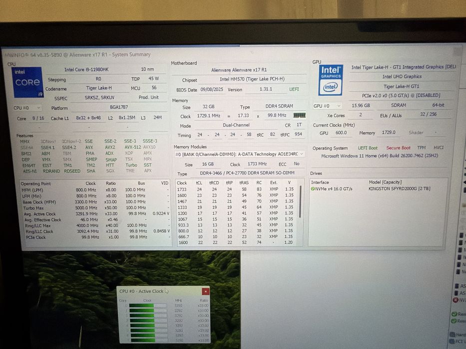 Alienware x17 R1 i9 RTX 3080 16GB 4K 120Hz Cherry MX 32GB RAM
