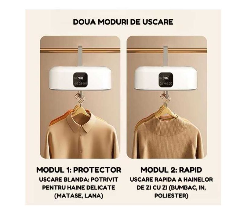 Uscator de rufe electric, pliabil cu sterilizare UV, ecran tactil