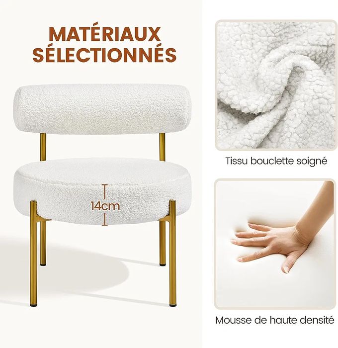 NOU Fotoliu plush, alb, picioare aurii