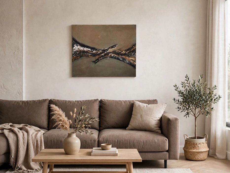 Tablou Abstract Modern 60x50 cm - Texturat 3D - Bej, Negru, Auriu - Pictură pe Pânză