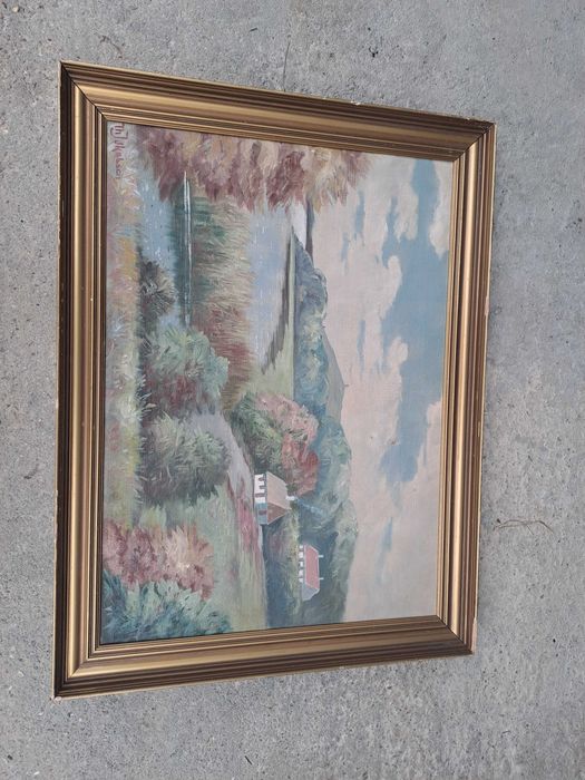 tablou vechi pictura pe sac 57/77 cm semnat Th Jakobsen
