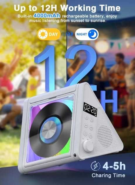 Преносим CD плейър Greadio CD02,  RGB светлини, 2 * 10W HIFI система, Bluetooth 5.3, 4000mAh батерия