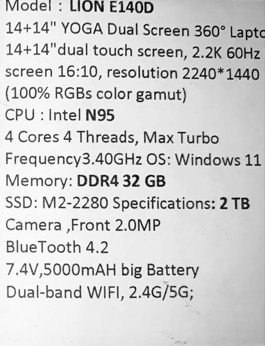 NOUTBUK NETBUK KAMPYUTR, LION E1400, ikta 2K ekranli noutbuk