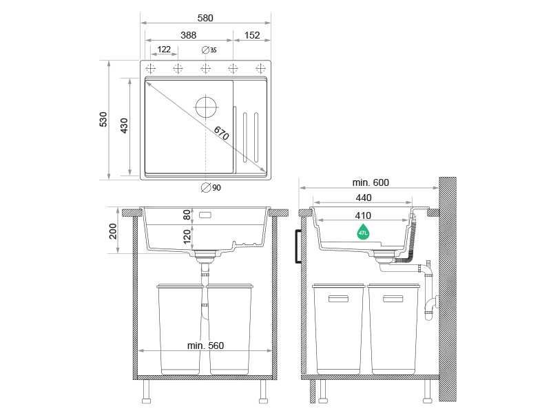 Кухненска Мивка от гранит Осло 60 Max Multilevel 580 x 53 ПРОМО ОФЕРТА