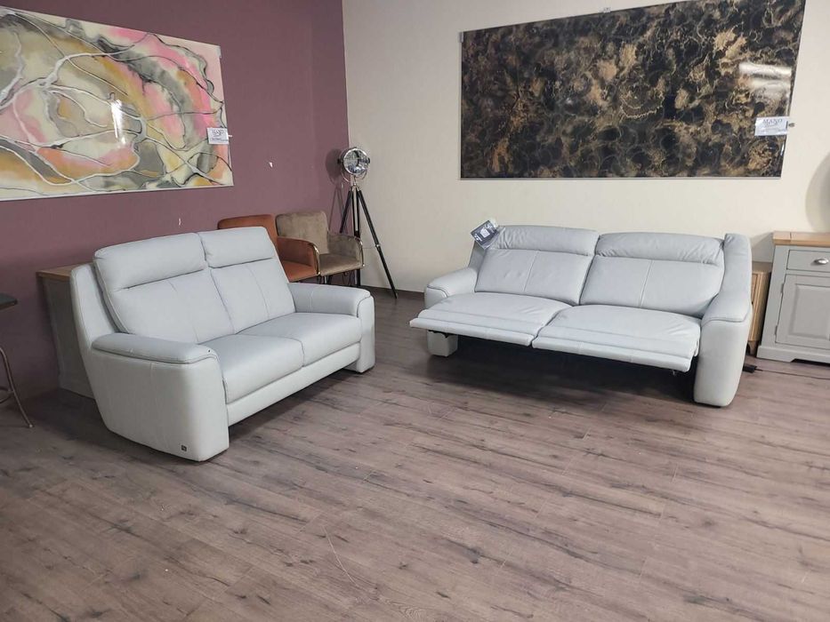 Италиански сив кожен комплект дивани тройка и двойка с ел. релакс