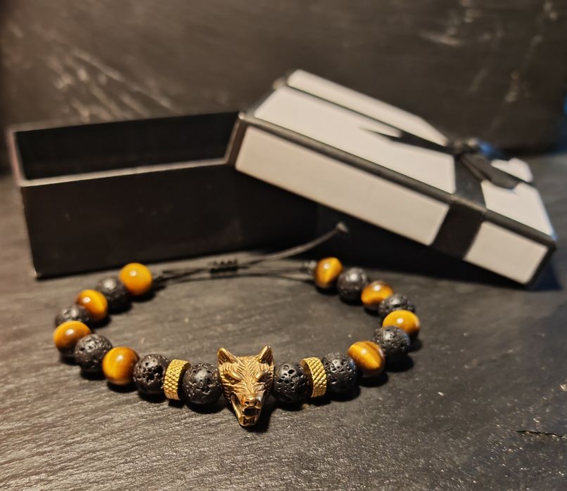 Bratara barbati  handmade – Ochi de Tigru & Piatră Vulcanică