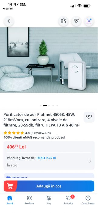 Purificator de aer Platinet 45068, 45W,