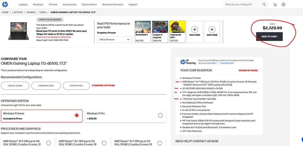 Laptop Gaming HP Omen 17 QHD 240Hz Ryzen7 350 32GB NVIDIA RTX 5070 1TB