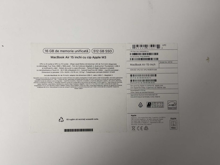 Macbook Air 15inch M3 2024 / 16GB / 512GB
