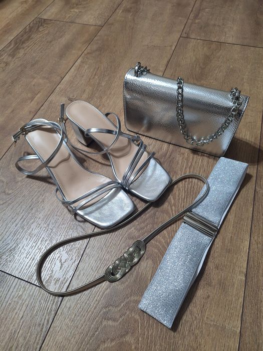 Сребърен сет-сандали,чанта и колан