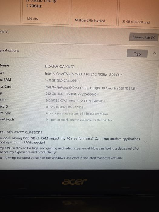 Acer F15 i7 • Лаптоп за работа и учене • 12GB RAM