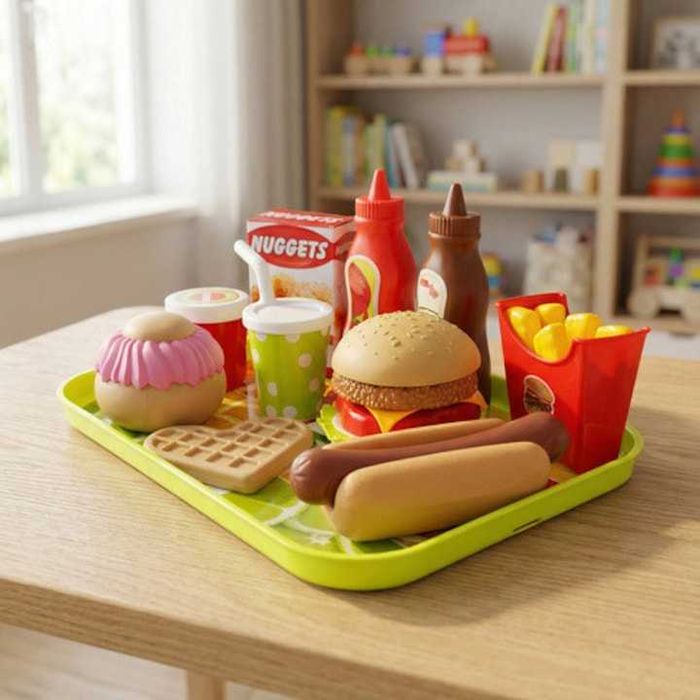 Set de jucarii Fast Food 26 piese burger cartofi prajiti hot dog tava