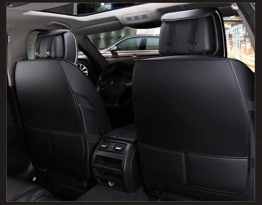 Комплект луксозна Кожена тапицерия за автомобил - Черен/Черен шев.