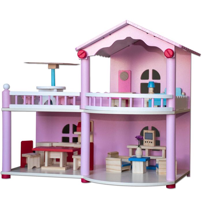 Casuta de papusi cu mobilier din lemn 6 papusi incluse